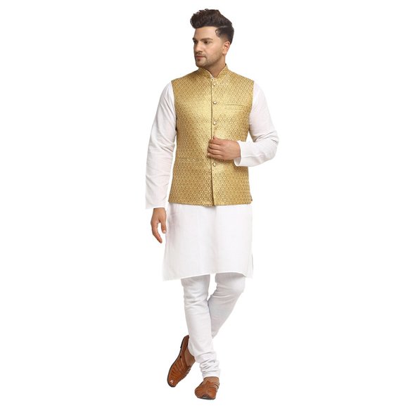 Sleeveless Traditional Brocade Silk Fabric Dark Golden Nehru Jacket by Treemoda - Picture 5 of 5